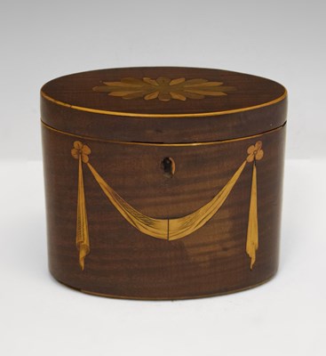 Lot 246 - George III inlaid mahogany oval tea caddy, with later plush lining