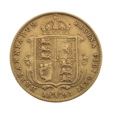 Lot 200 - Victorian gold shield back half sovereign, 1892