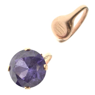 Lot 44 - 9ct rose gold signet ring, and a synthetic sapphire dress ring (2)