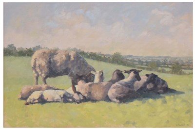 Lot 740 - Wendy Plunkett (20th century Bristol artist) - Oil on board - Flock of sheep