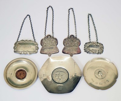 Lot 231 - Royal commemorative silver pin dishes, Queen's Silver Jubilee wine/spirit labels, etc