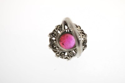 Lot 18 - Ruby and diamond unmarked white metal cluster ring