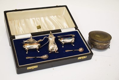 Lot 230 - Cased silver three-piece condiment set and silver and tortoiseshell jewellery box