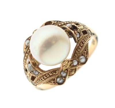 Lot 10 - Cultured pearl rose gold dress ring, stamped 'K14'