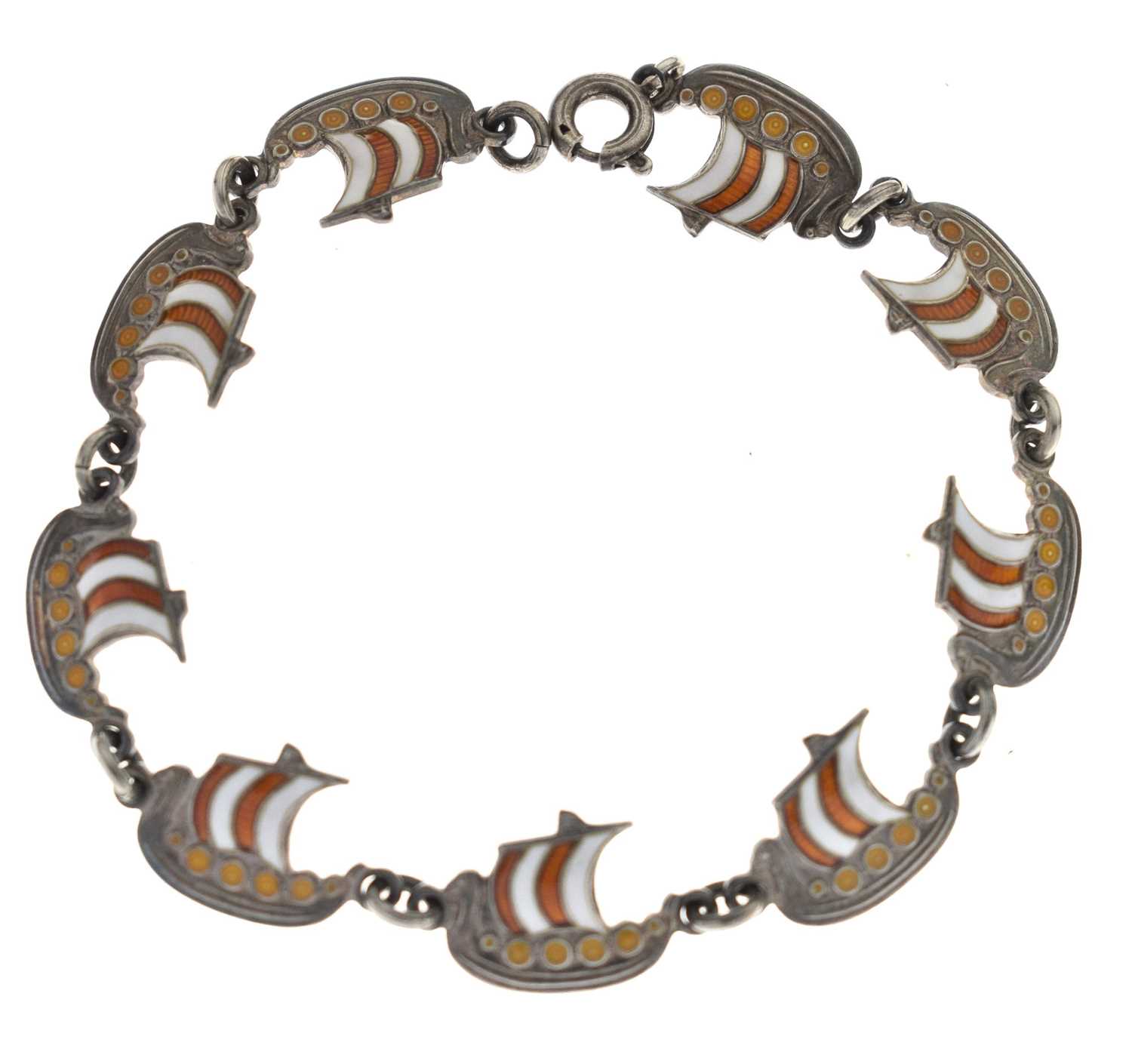 Lot 81 - Volmer Bahner (1912-1995) - Danish sterling silver and enamel 'Viking longship' bracelet