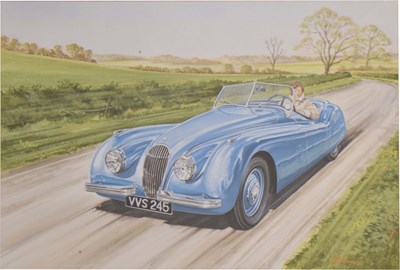 Lot 733 - L.A. Holloway (20th century) - Gouache - Car in country lane