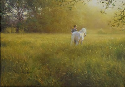 Lot 690 - Tony Sheath (b.1946) - Oil on canvas - Rural scene with horse and girl
