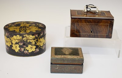 Lot 425 - 19th century toleware oval box, Dutch cash box, leather cigarette box