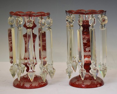 Lot 544 - Pair of 19th century Bohemian ruby flashed and engraved glass table lustres