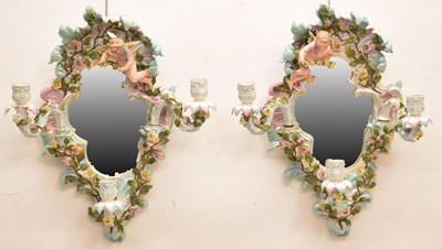 Lot 634 - Pair of Continental porcelain wall sconces or girandoles