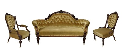 Lot 520 - Mid Victorian carved walnut three-piece salon or parlour suite