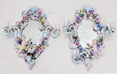 Lot 636 - Pair of German Sitzendorf porcelain wall sconces or girandoles