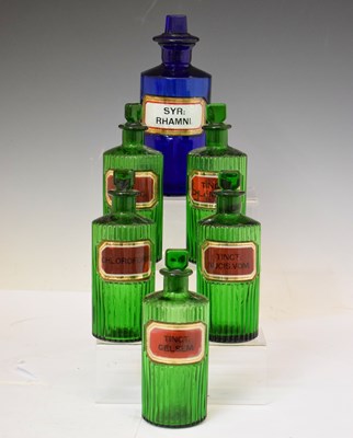 Lot 371 - Late 19th/early 20th century collection of green and blue chemist/apothecary bottles