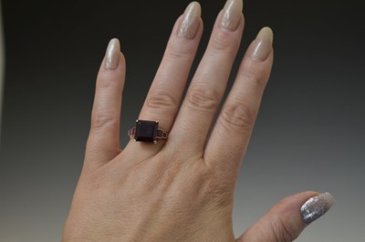 Lot 28 - Rubellite tourmaline and ruby unmarked yellow metal ring