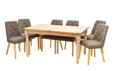 Lot 787 - Modern limed oak and painted draw out extending dining table with eight chairs (9)