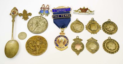Lot 332 - Group of sports running and cycling medallions, Queen Victoria brooch, etc