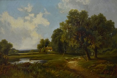 Lot 726 - R., Jenson (20th century) - Oil on canvas - Rural scene with sheep and shepherd