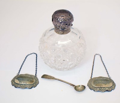 Lot 232 - Pair of Elizabeth II silver decanter labels, together with a l silver-mounted perfume bottle, etc