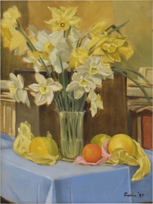 Lot 707 - Hubert E. Furse R.A. (early 20th century) - Oil on board - 'Still Life with Daffodils'