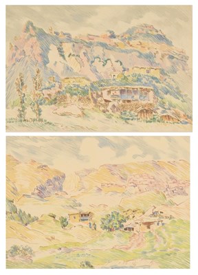 Lot 712 - Contemporary school - Pair of colour pencil mountainous landscape sketches
