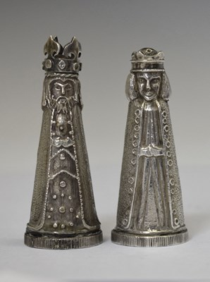 Lot 144 - Pair of Elizabeth II cast silver novelty salt and pepper pots, formed as a medieval King and Queen