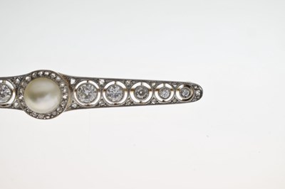 Lot 41 - Belle Epoque diamond and pearl 14ct yellow and white gold bar brooch