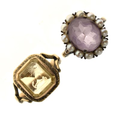 Lot 38 - 1960s amethyst and seed pearl cluster 9ct gold ring, and an Intaglio ring