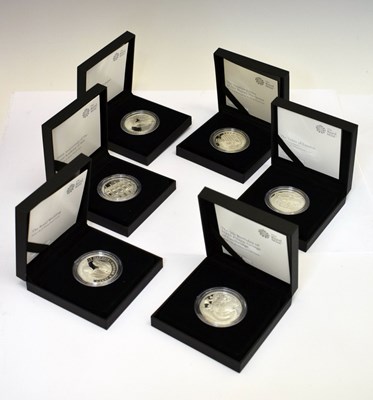 Lot 300 - Six Elizabeth II silver proof five pound coins