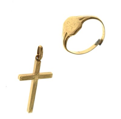 Lot 137 - 18ct gold signet ring (a/f), and a cross pendant stamped '750'