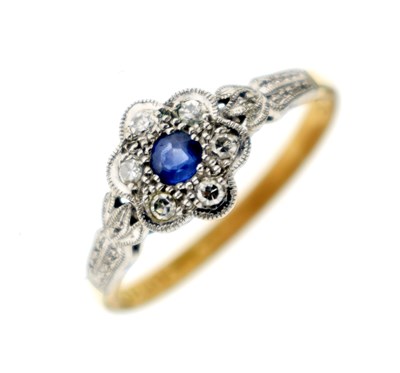 Lot 1 - Sapphire and diamond cluster ring, stamped '18ct Plat'