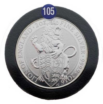 Lot 295 - Elizabeth II 2oz fine silver five-pound coin, 2016, 'Lion of England'