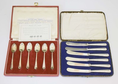 Lot 243 - Set of British hallmark teaspoons, and a set of silver handled bread and butter knives