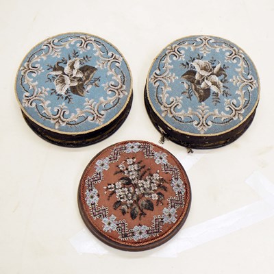 Lot 801 - Pair of early 20th century circular foot stools with bead work coverings