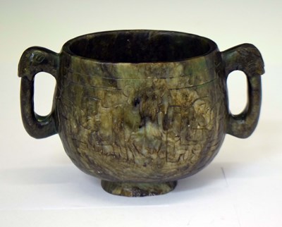 Lot 656 - Chinese carved spinach green jadeite twin handled gui form censer