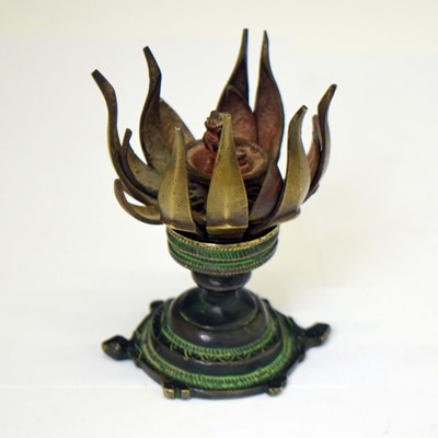 Lot 595 - Indian bronze lotus form oil lamp or incense burner