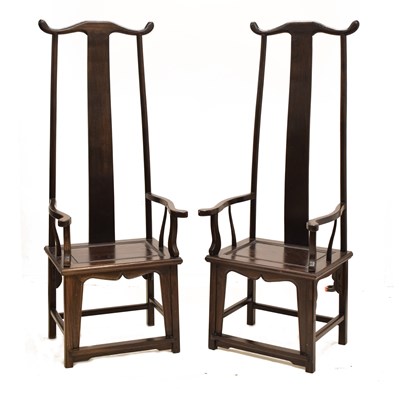 Lot 666 - Pair of Chinese Scholars high yoke-back hardwood open armchairs