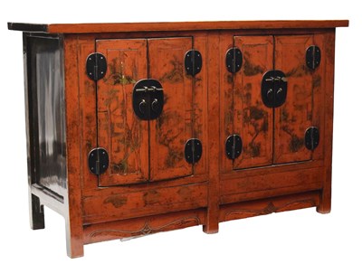 Lot 662 - Chinese red and black lacquer four door side cabinet