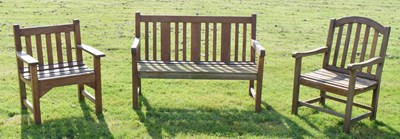 Lot 825 - Teak two-seater garden bench and two garden seats