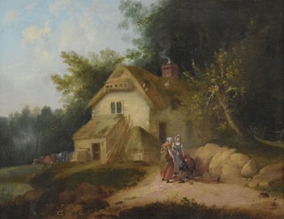 Lot 645 - Early 19th century English School - Oil on canvas - Wooded landscape with villagers before a cottage