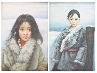 Lot 655 - Manner of Ai Xuan (Chinese, 1947) - Two modern Chinese oil portraits on canvas