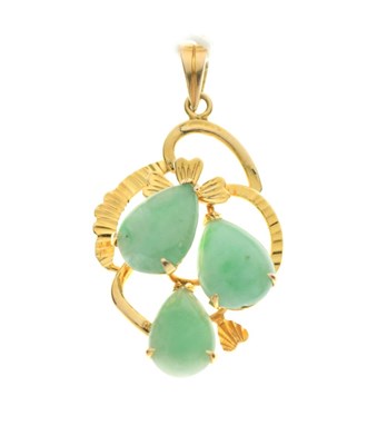 Lot 44 - Yellow metal pendant, stamped '585', set three jade cabochons