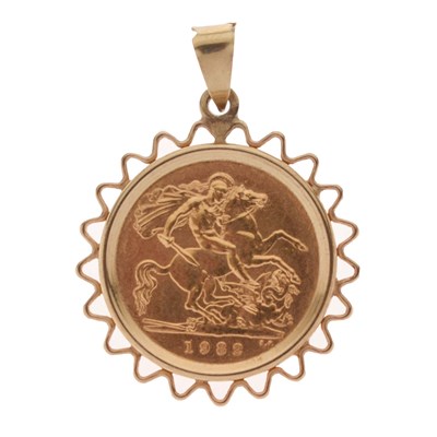 Lot 346 - Queen Elizabeth II gold half sovereign, 1982, in 9ct gold mount