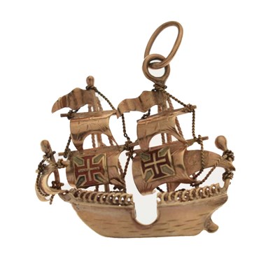 Lot 87 - Enamelled 9ct gold pendant modelled as a ship