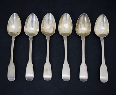 Lot 276 - Set of six George III Irish silver Fiddle pattern and rat-tail dessert spoons