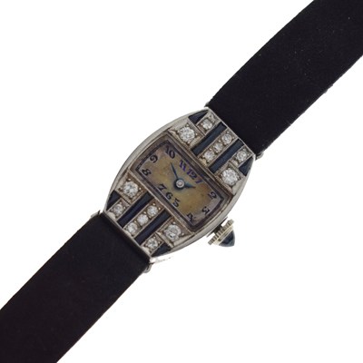 Lot 191 - Art Deco diamond and sapphire set platinum cased cocktail watch