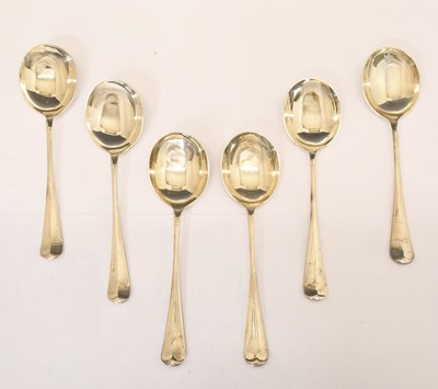 Lot 296 - Set of six silver Old English rat-tail pattern soup spoons
