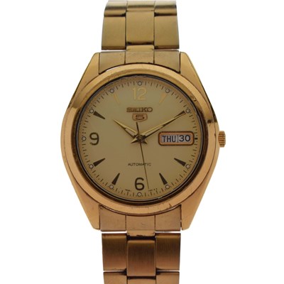 Lot 182 - Seiko 5 - Gold plated stainless steel bracelet watch, ref. 7S26-0440