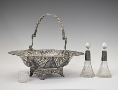 Lot 492 - Elkington & Co silver plated basket, together with a pair of silver mounted cut glass perfume bottles