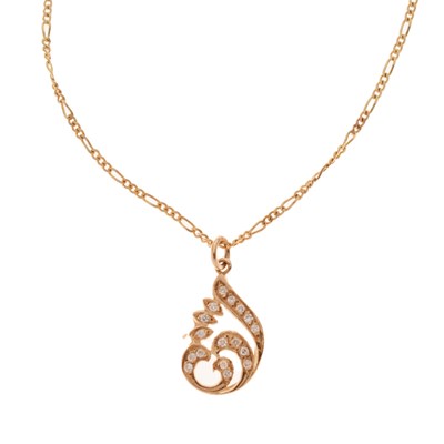 Lot 92 - Yellow metal and diamond 'boteh' pendant and figaro link chain
