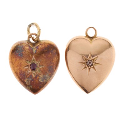 Lot 93 - Two 15ct gold gem-set heart pendants, one set ruby, one diamond